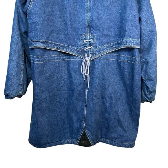 Vintage 80s Andy Johns Longline Denim Hooded Coat Jacket Utility Pockets Blue - Picture 8 of 15